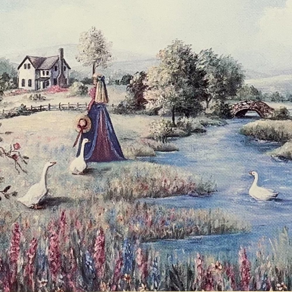 EUC Artist Glynda Turley Print of Girl By A Brook, Matted, Framed, 8" x 11 1/2"